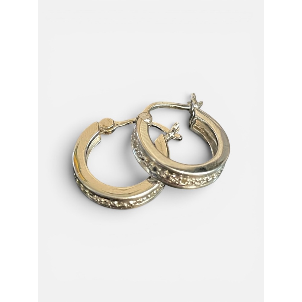 Sterling Silver 925 Hoop Earrings Polished Textured Edge Small Dainty